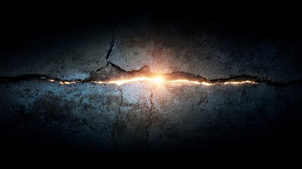 A dark textured wall is fractured, revealing a glowing source of light within the split, casting shadows on either side