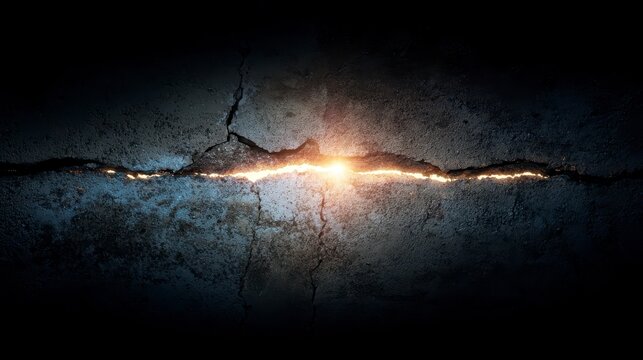 A dark textured wall is fractured, revealing a glowing source of light within the split, casting shadows on either side