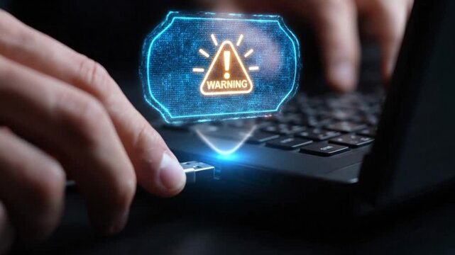 Person inserting USB flash drive into laptop, digital warning sign appears, data security threat