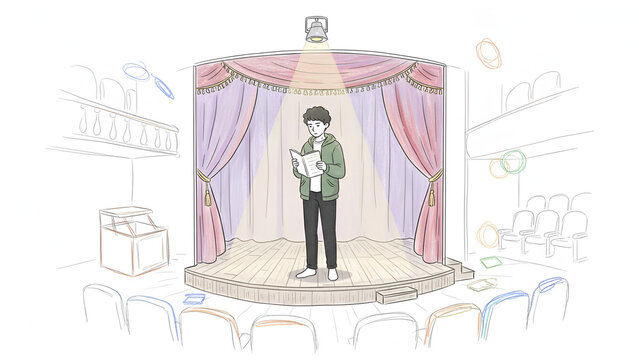 Young man in green hoodie alone on theater stage under spotlight