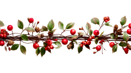 Festive Christmas garland of interwoven branches and red berries isolated on transparent background
