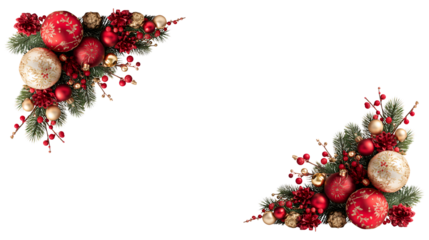 Christmas corner edge decoration with red and gold baubles, holly and spruce isolated on transparent background