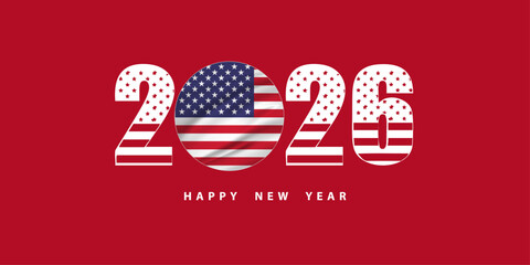  “2026” styled with American flag and “HAPPY NEW YEAR” text, symbolizing patriotic celebration. © Vasyl