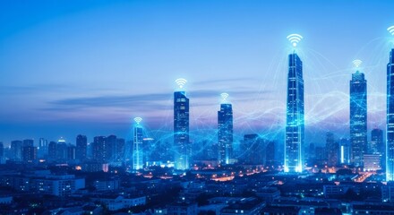 Futuristic city skyline with glowing wifi signals on skyscrapers. Smart metropolis with digital network connection. Global communication and internet of things.