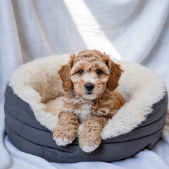 Adorable brown and white puppy relaxing in a fluffy dog bed