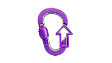 Purple Carabiner with Arrow Symbol on White Background