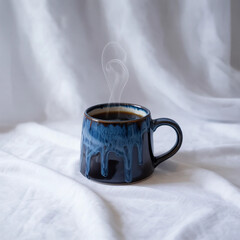 Steaming hot coffee in a unique blue ceramic mug