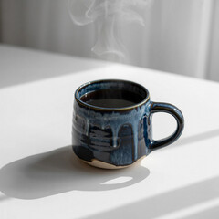 Steaming hot coffee in a unique blue ceramic mug