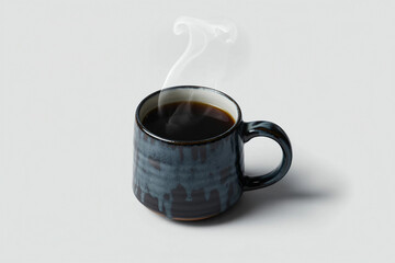 Steaming hot coffee in a unique blue ceramic mug