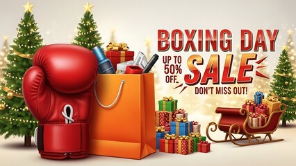 A festive illustration for boxing day sale featuring a red glove, shopping bag, and gift boxes.