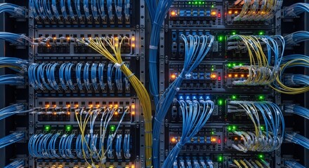 Close-up of network server racks with blue and yellow cables and blinking indicator lights. Data center infrastructure for technology and connection.