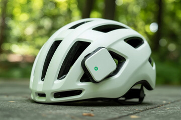 Green mountain bike helmet floating in forest background