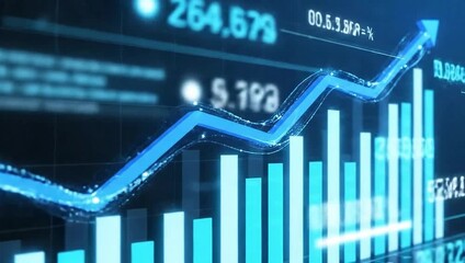 Glowing blue line and bar graph on dark background with grid lines, representing financial or statistical data analysis and growth - Powered by Adobe