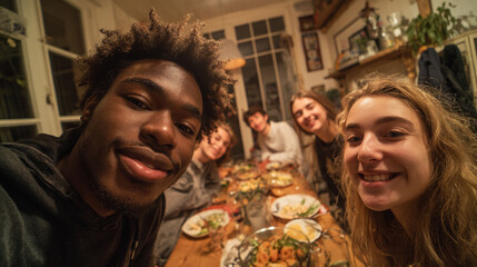 Close-up wide-angle selfie of a diverse group of young friends smiling while sharing a dinner meal at a dining table.