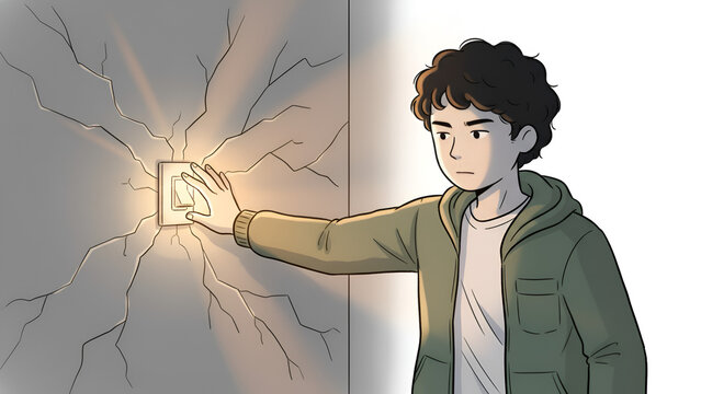 Young man touching glowing light emerging from cracked stone wall