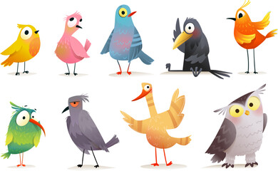 Colorful and funny cartoon birds collection for children. Different birds characters as owl, pigeon, hummingbird and other exotic species. Whimsical and fun, vector clipart cartoon birds for kids.