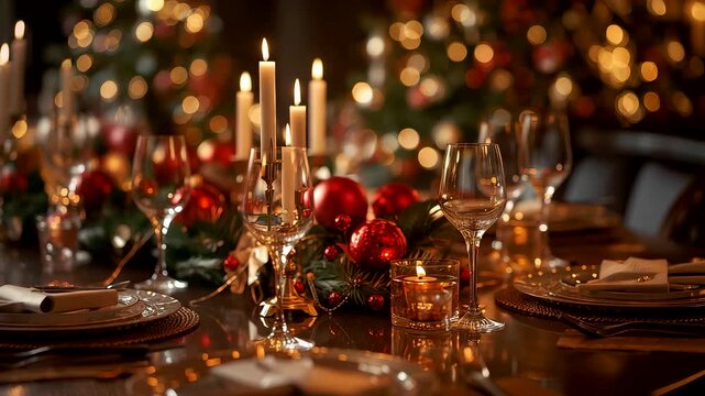 Festive Christmas dinner table with lit candles red ornaments wine glasses plates and bokeh holiday lights
