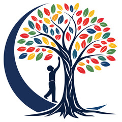 Embracing education: a child reaches for knowledge under a colorful tree of learning Vector