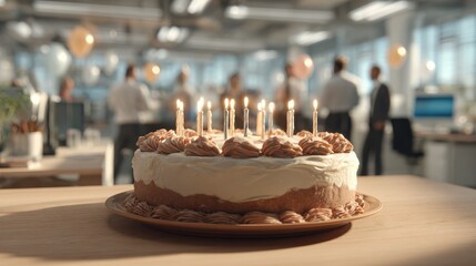 celebration at the office birthday cake lit with candles celebrating with coworkers in the background creating a festive and joyful atmosphere