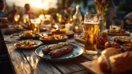 outdoor dining party with delicious food cold beer on rustic wooden table friends enjoy sunset dinner with grilled meat tasty dishes festive drinks summer celebration with social gathering