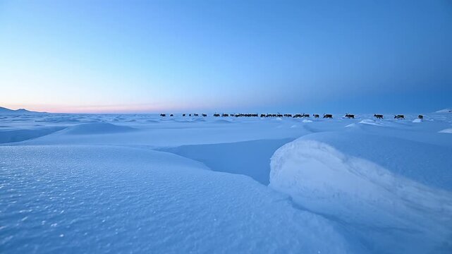 Reindeer herd migrating across arctic tundra landscape with blue snow drifts and twilight sky vast northern wilderness