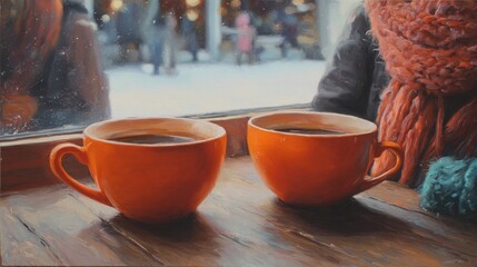two orange coffee cups sit on a table while friends chat in a cozy winter setting