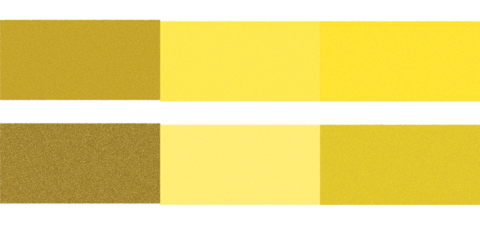 A visual comparison of six distinct yellow and gold color swatches arranged in two horizontal rows, showcasing different hues and textures.