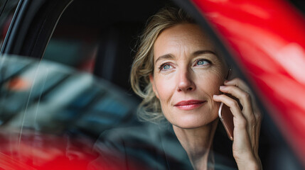 Smiling mature businesswoman talking on phone through car window
