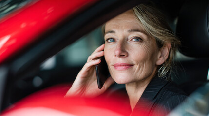 Smiling mature businesswoman talking on mobile phone in a red car