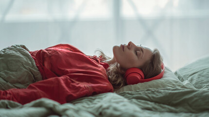 Side profile close-up of a young woman lying on her back in bed, wearing bright red headphones and covered in a blanket, resting or meditating in soft natural light.