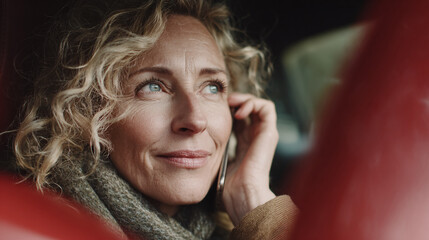 Close-up of mature woman with curly hair talking on phone in car