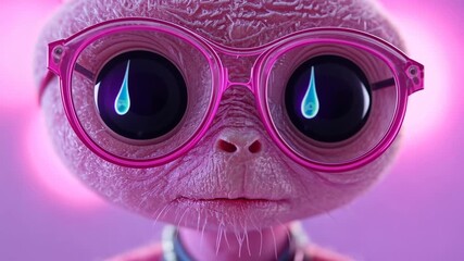 Alien character in pink glasses staring intently with reflective eyes