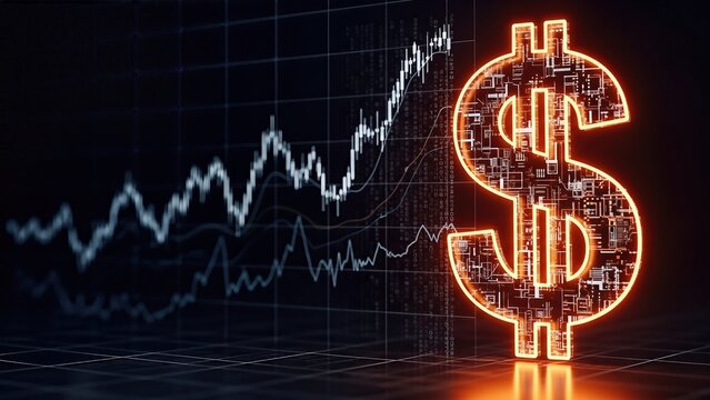 Dollar sign illuminated with digital circuitry stands prominently against a backdrop of financial graphs, symbolizing investment growth and market trends in the financial sector - Powered by Adobe