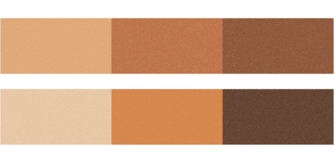 Two rows of rectangular swatches displaying a gradient of six different skin tone shades, ranging from light beige to dark brown, suitable for makeup and cosmetic products.