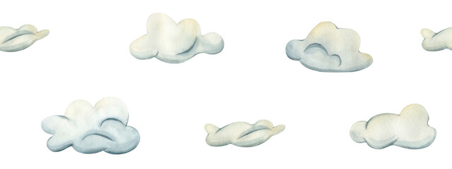 Seamless border with Clouds. Kids Hand drawn watercolor illustration cute clouds for children design. Wallpaper for kids nursery. Template in Childish style with clouds for design of children's cards
