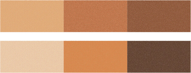 Collection of six skin tone color swatches, showing a progression from light beige to deep brown in two horizontal sets, ideal for makeup or cosmetic product matching.
