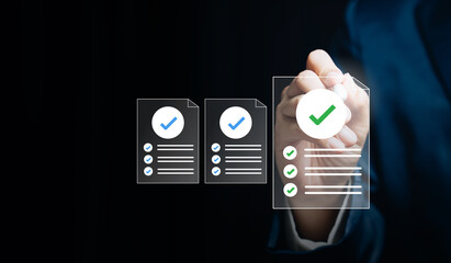 Business approval process concept, hand selecting approved digital document with checklist icons, compliance verification workflow, document management system, operational control assurance.