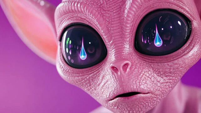 Curious pink alien creature with enormous eyes expresses emotions in closeup on vibrant purple background