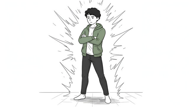 Young man arms crossed with intense glowing energy aura radiating out