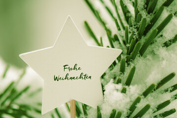 Weihnachtliche Dekoration Stern mit Text Frohe Weihnachten Schnee und Tanne 