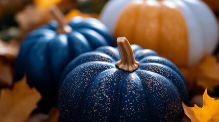 Thanksgiving pumpkins on rustic background, palette of twilight indigo, radiant coral, and harvest gold
