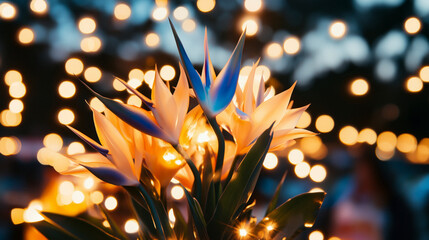 Close-up of vibrant orange and blue bird of paradise flowers at a lively outdoor market, with softly blurred figures and glowing warm string lights in the background exotic floral composition