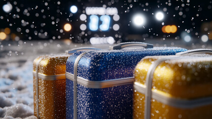 Three suitcases in orange, yellow, and blue, palette of deep indigo, radiant silver, and emerald green, holiday travel artwork, AI generated