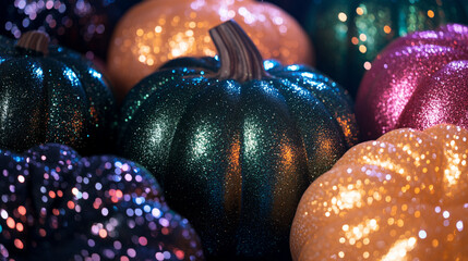 Colorful Thanksgiving pumpkins, palette of neon magenta, emerald green, and shimmering pearl, trendy festive concept