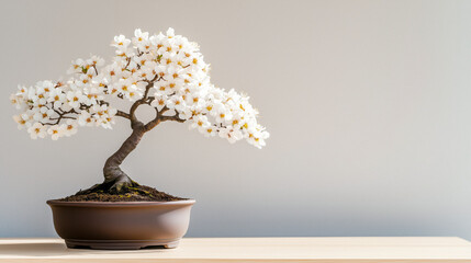Delicate bonsai tree with white and brown blossoms arranged in a dark brown pot, placed on a light wooden table serene botanical composition symbolizing balance, nature, and artistry