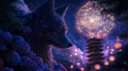 Guardian fox spirit protecting Japanese shrine during festive night, fireworks and glowing lanterns, AI generated