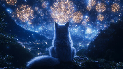 Guardian fox spirit, palette of neon magenta, golden amber, and sapphire blue, vibrant cultural celebration, AI generated