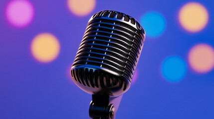 Microphone on bright blue background, palette of neon magenta, golden amber, and sapphire, AI generated