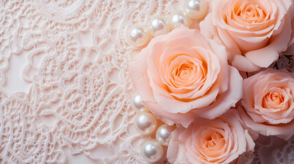 Minimalist pink roses and pearls on lace background, clean composition, palette of matte cream, graphite gray, and pastel pink, modern abstract floral poster design, AI generated