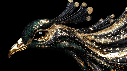 Stylized peacock with shimmering metallic feathers and golden brushstrokes, festive luxury design in emerald green, ruby red, and gold, holiday celebration artwork, AI generated